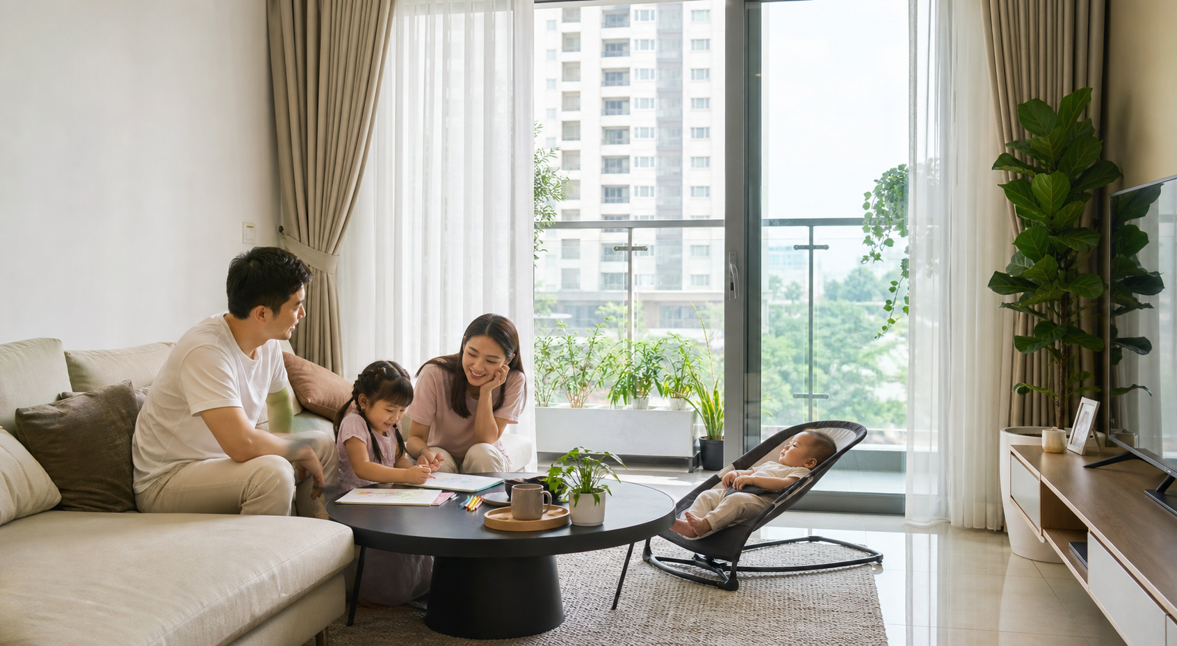 Phòng khách căn hộ sáng tự nhiên với rèm cửa và cửa kính ban công